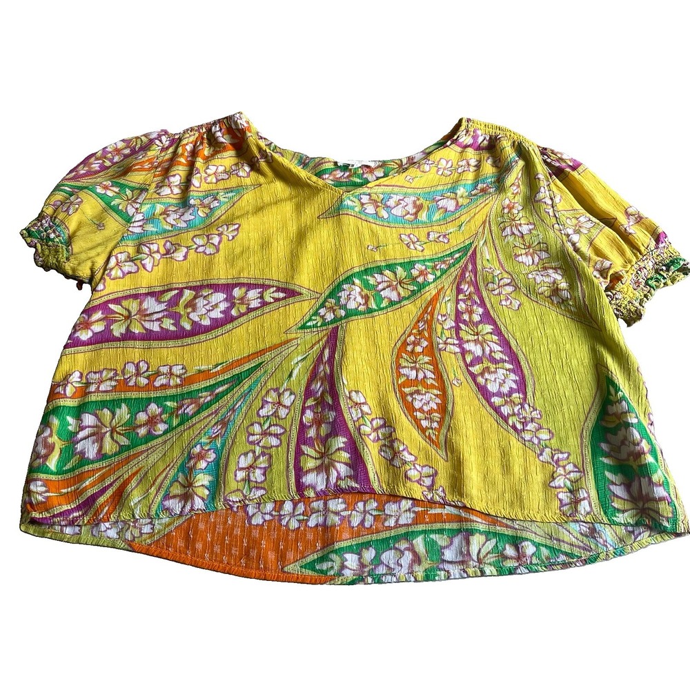 Haute Hippie Cropped Short Sleeve Top XL Yellow Floral Boho Flowy
